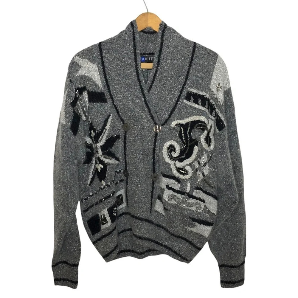 Vintage Beaded Angora Lambswool Art to Wear cozy  cardigan sweater